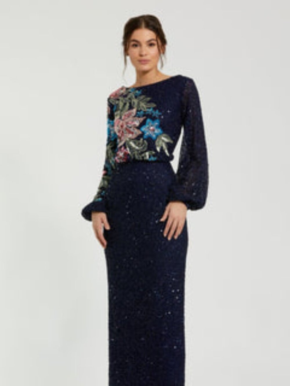 Mac Duggal Size 14 Navy High Neck Long Sleeve Sequin Evening Gown